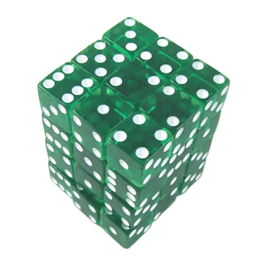 KOP01853 Green Transparent Squared Corner Dice with White Pips D6 12mm (1/2in) Pack of 36 Dice