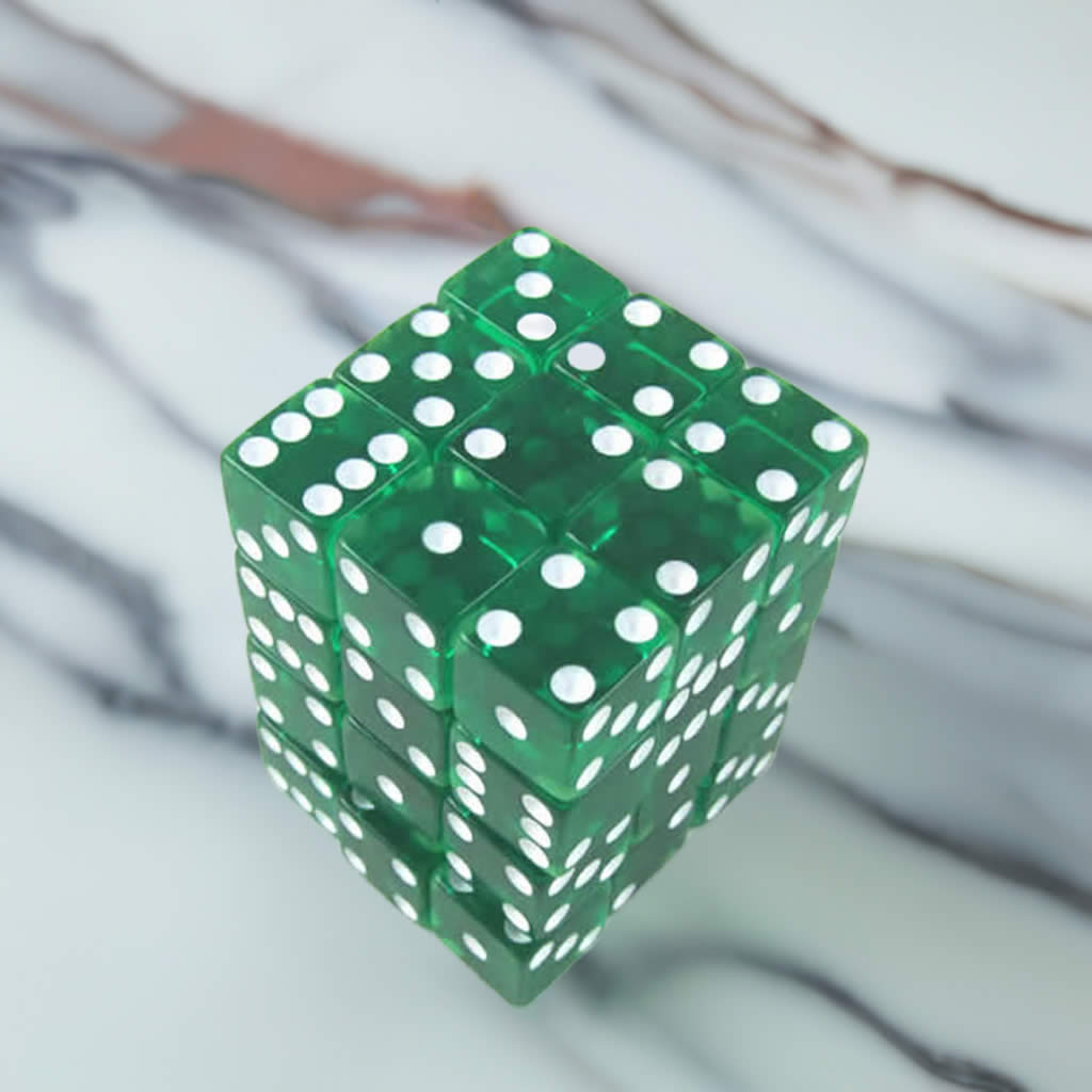 KOP01853 Green Transparent Squared Corner Dice with White Pips D6 12mm (1/2in) Pack of 36 Dice