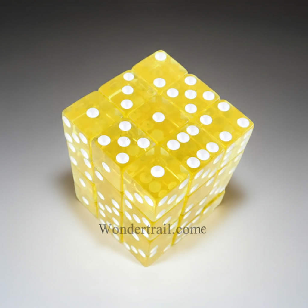 KOP01856 Yellow Transparent Squared Corner Dice with White Pips D6 12mm (1/2in) Pack of 36 Dice