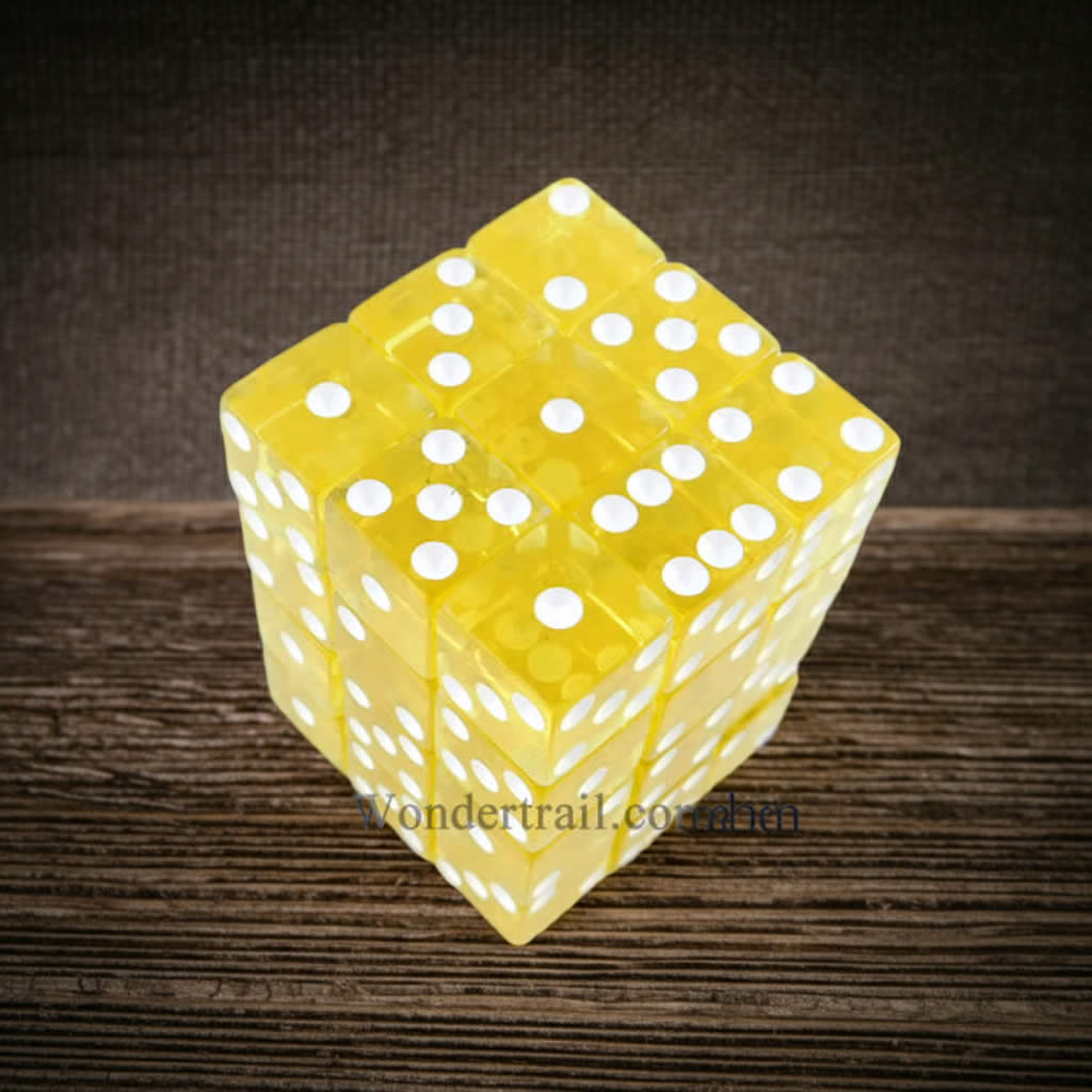 KOP01856 Yellow Transparent Squared Corner Dice with White Pips D6 12mm (1/2in) Pack of 36 Dice