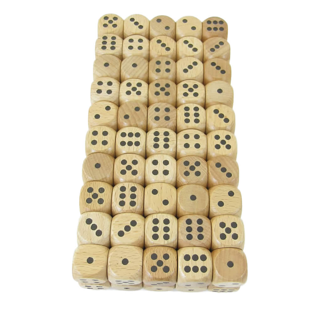 KOP01903 Wood Dice with Black Pips D6 16mm (5/8in) Pack of 100 Dice