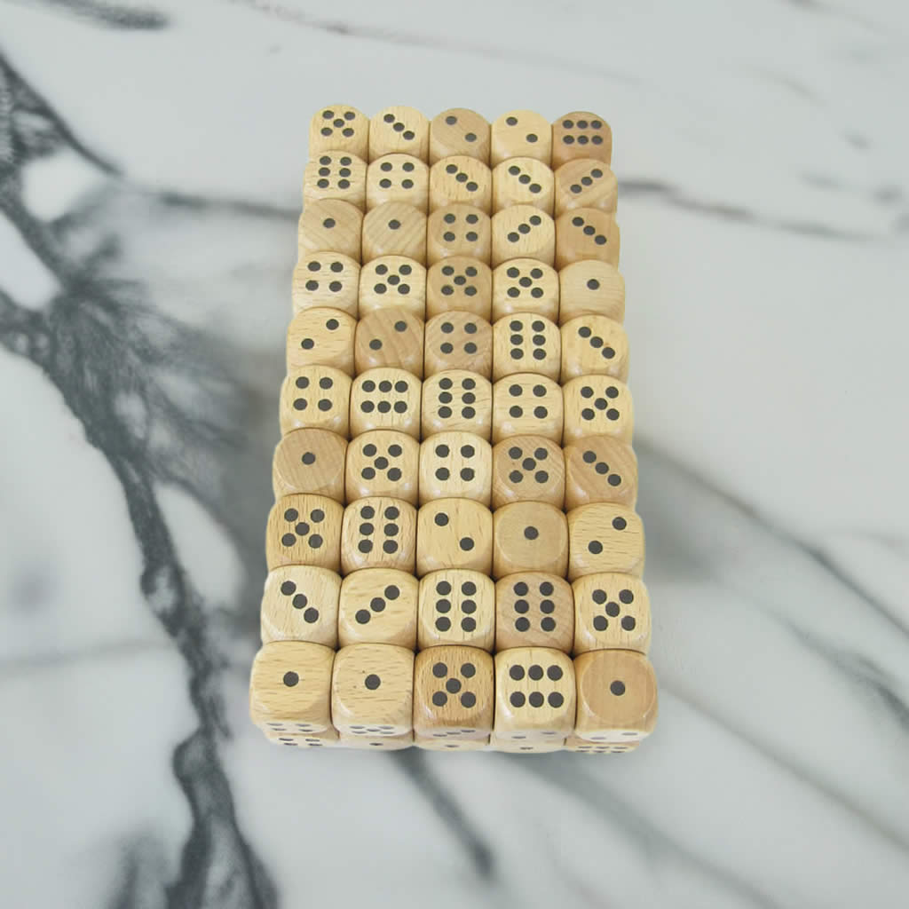 KOP01903 Wood Dice with Black Pips D6 16mm (5/8in) Pack of 100 Dice