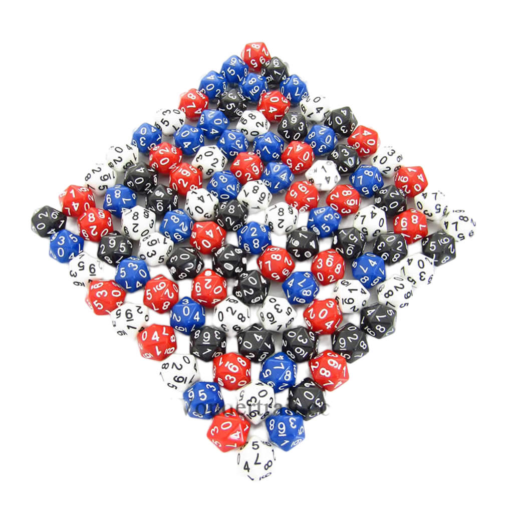 KOP02295 Assorted Opaque D20 Dice Numbers 0 - 9 Twice Pack of 100