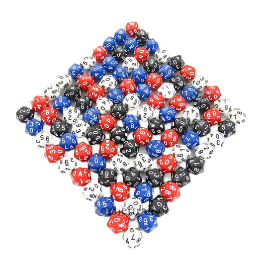 KOP02295 Assorted Opaque D20 Dice Numbers 0 - 9 Twice Pack of 100