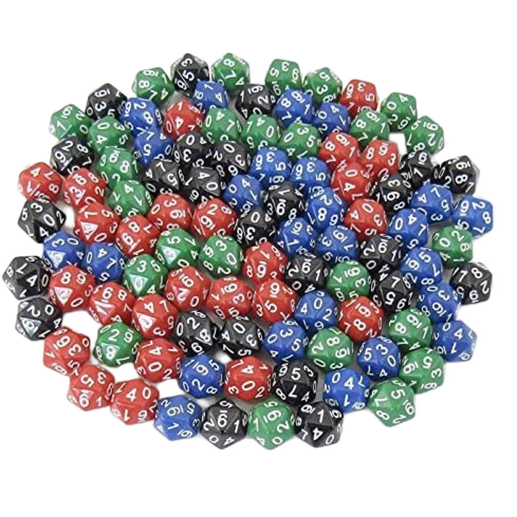 KOP02295 Assorted Opaque D20 Dice Numbers 0 - 9 Twice Pack of 100