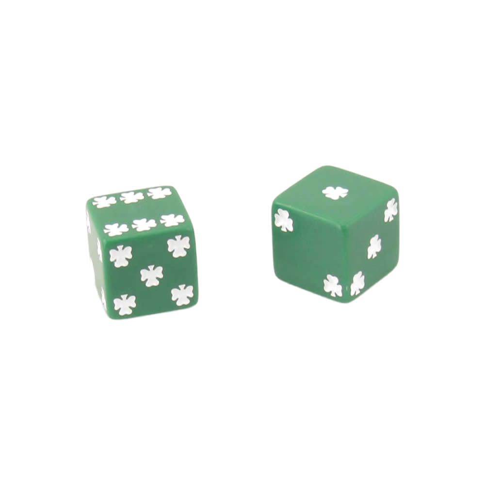 KOP03943 Green Lucky Dice with White Clovers D6 25mm (1in) Pack of 2 Dice