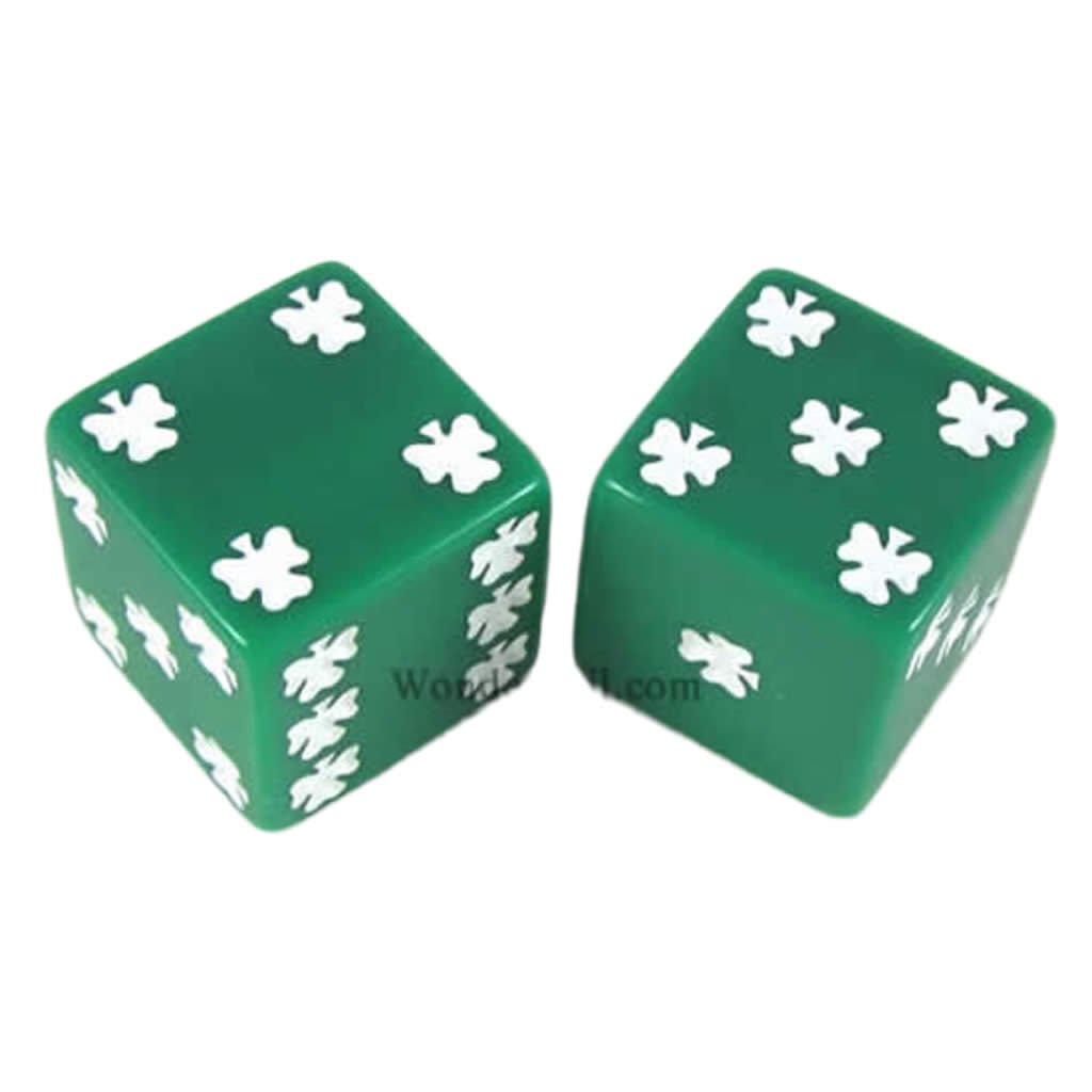 KOP03943 Green Lucky Dice with White Clovers D6 25mm (1in) Pack of 2 Dice