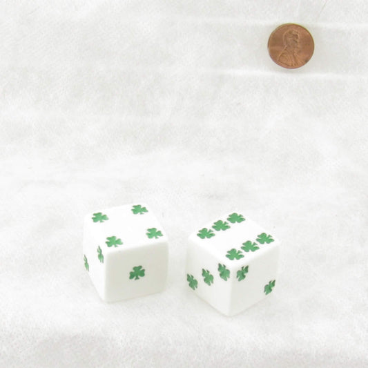 KOP03944 White Lucky Dice with Green Clovers D6 25mm (1in) Pack of 2