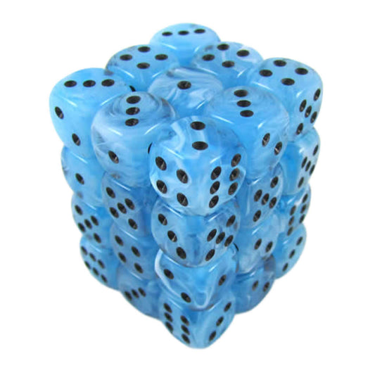 KOP04645 Swirl Ice Blue Dice with Black Pips D6 12mm (1/2in) Pack of 36 Dice Koplow Games
