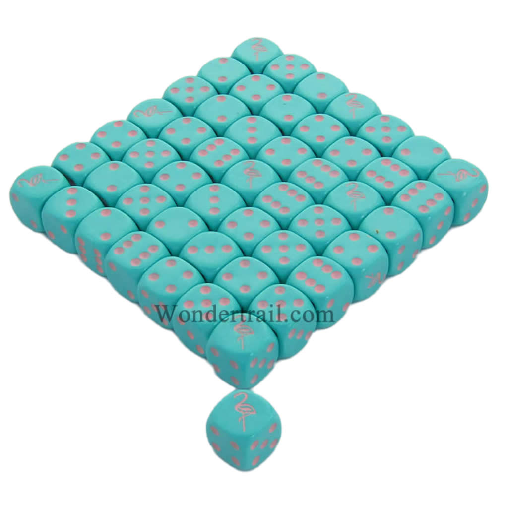 KOP04930 Flamingo Dice Opaque Aqua with Pink Pips 16mm (5/8in) Bulk Pack of 50 Dice