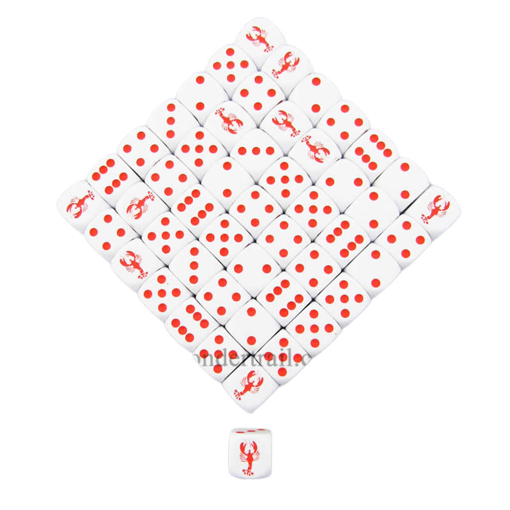 KOP04941 Lobster Dice Opaque White Red Pips 16mm Bulk Pack of 50