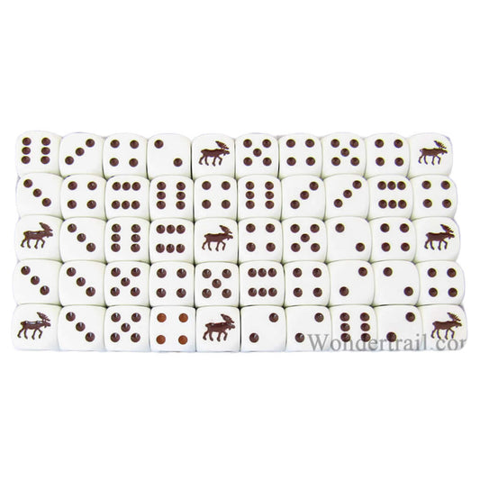 KOP04947 Moose Dice Opaque White with Brown Pips 16mm (5/8in) Bulk Pack of 50 Dice