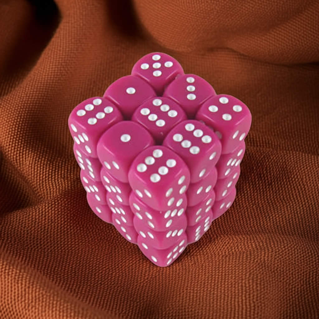 KOP05115 Pink Opaque Deluxe Dice with White Pips D6 12mm (1/2in) Pack of 36 Dice
