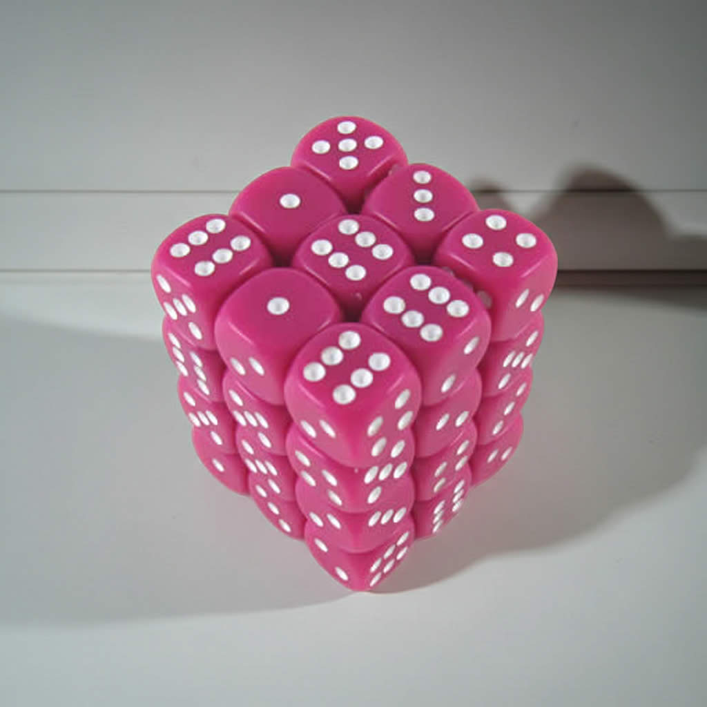KOP05115 Pink Opaque Deluxe Dice with White Pips D6 12mm (1/2in) Pack of 36 Dice