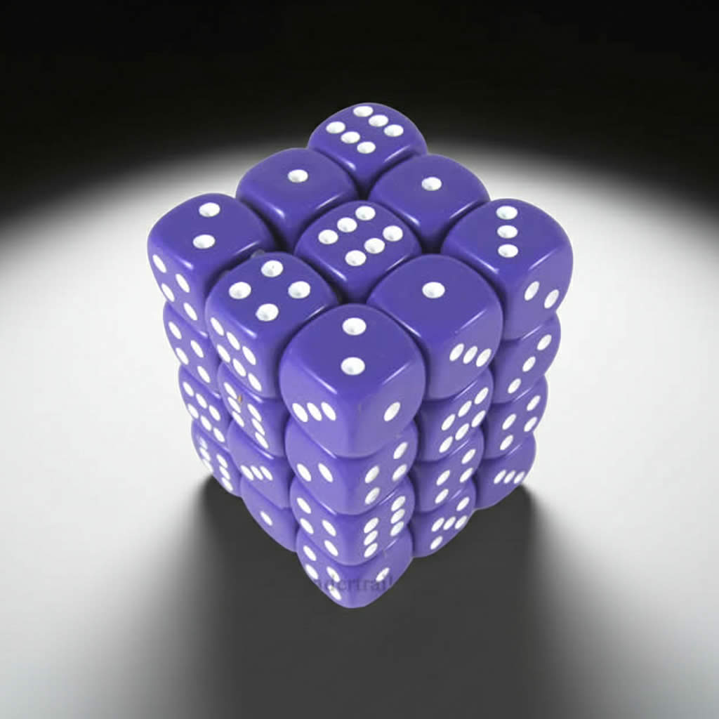KOP05116 Purple Opaque Deluxe Dice with White Pips D6 12mm (1/2in) Pack of 36 Dice