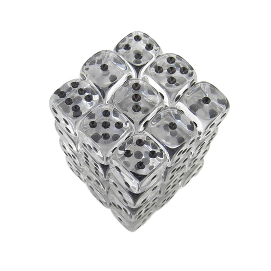 KOP05121 Clear Transparent Deluxe Dice Black Pips D6 12mm Pack of 36
