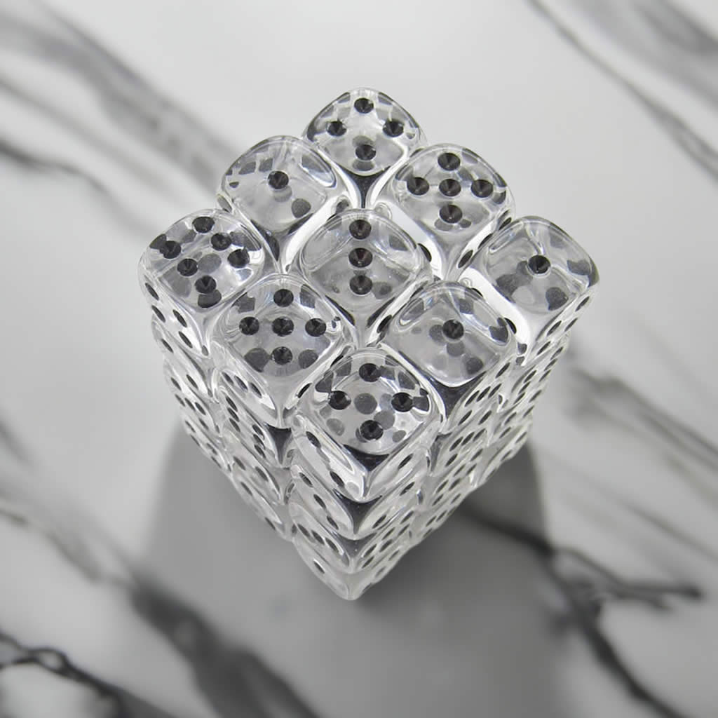 KOP05121 Clear Transparent Deluxe Dice Black Pips D6 12mm Pack of 36