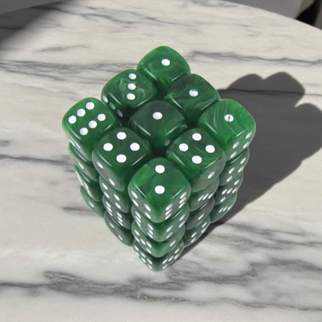 KOP05128 Ice Green Swirl Deluxe Dice with White Pips D6 12mm (1/2in) Pack of 36 Dice