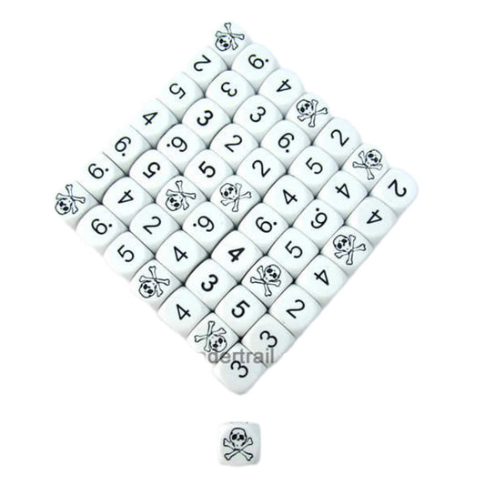 KOP05694 Skull Dice White Opaque Black Standard Numbers 16mm Bulk Pack of 50