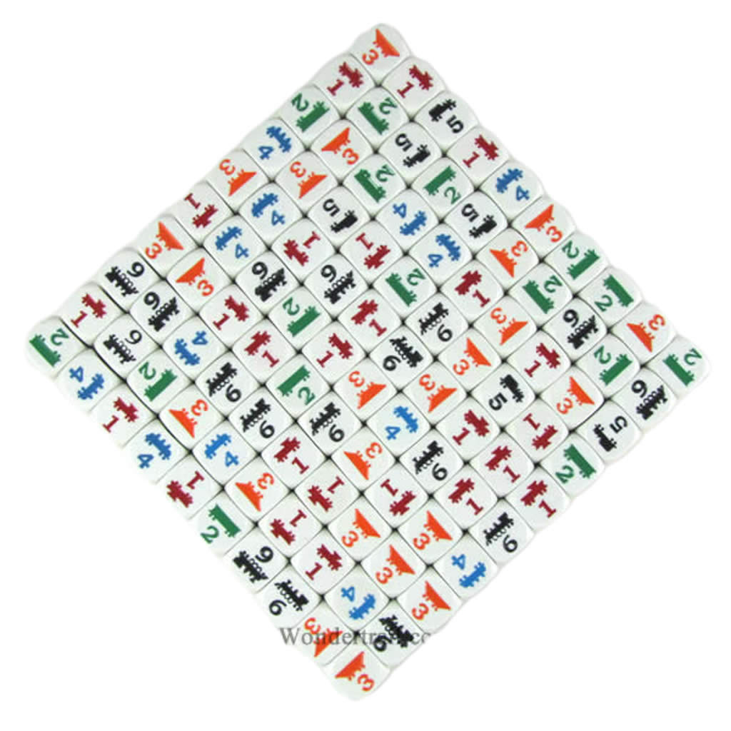 KOP06574 Train Dice White with Multi-Colored Trains D6 16mm Bulk Pack of 100