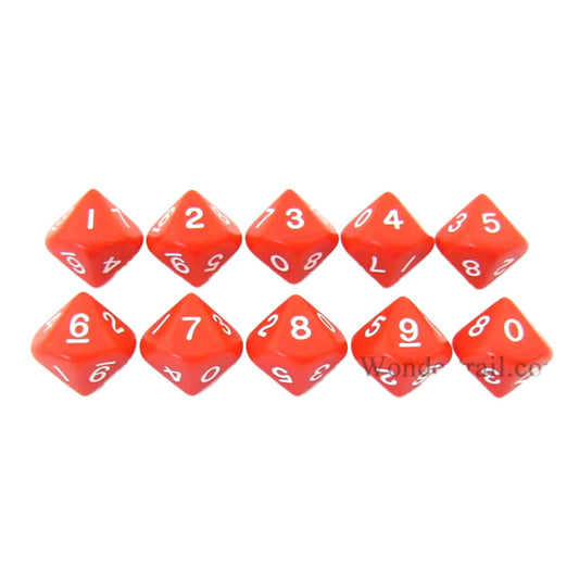 KOP08511 Red Opaque Dice White Numbers D10 16mm (5/8in) Pack of 10