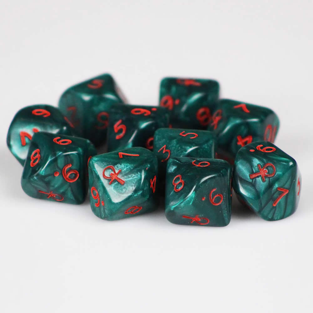 KOP08538 Green Ankh Dice with Red Numbers D10 16mm (5/8in) Pack of 10