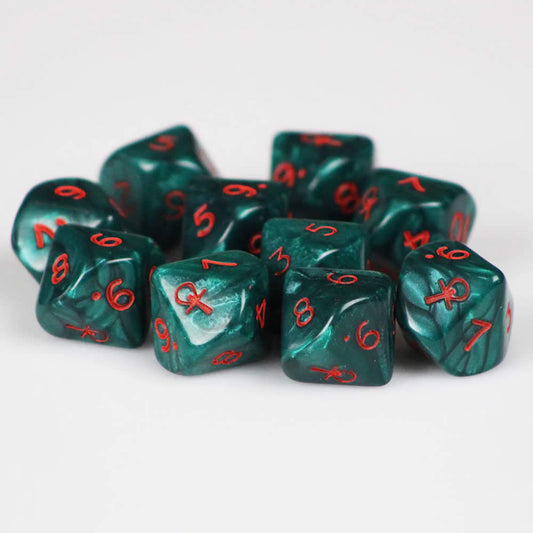 KOP08538 Green Ankh Dice with Red Numbers D10 16mm (5/8in) Pack of 10