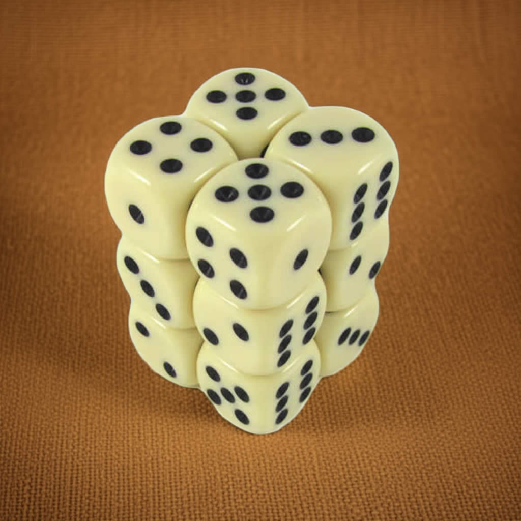 KOP08585 Ivory Color Opaque Deluxe Dice with Black Pips D6 16mm (5/8in) Pack of 12 Dice