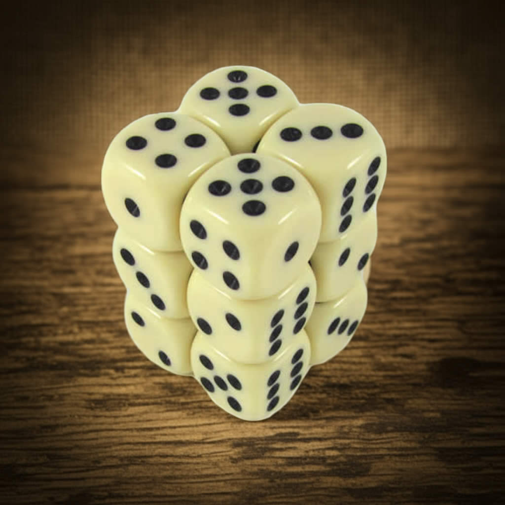 KOP08585 Ivory Color Opaque Deluxe Dice with Black Pips D6 16mm (5/8in) Pack of 12 Dice