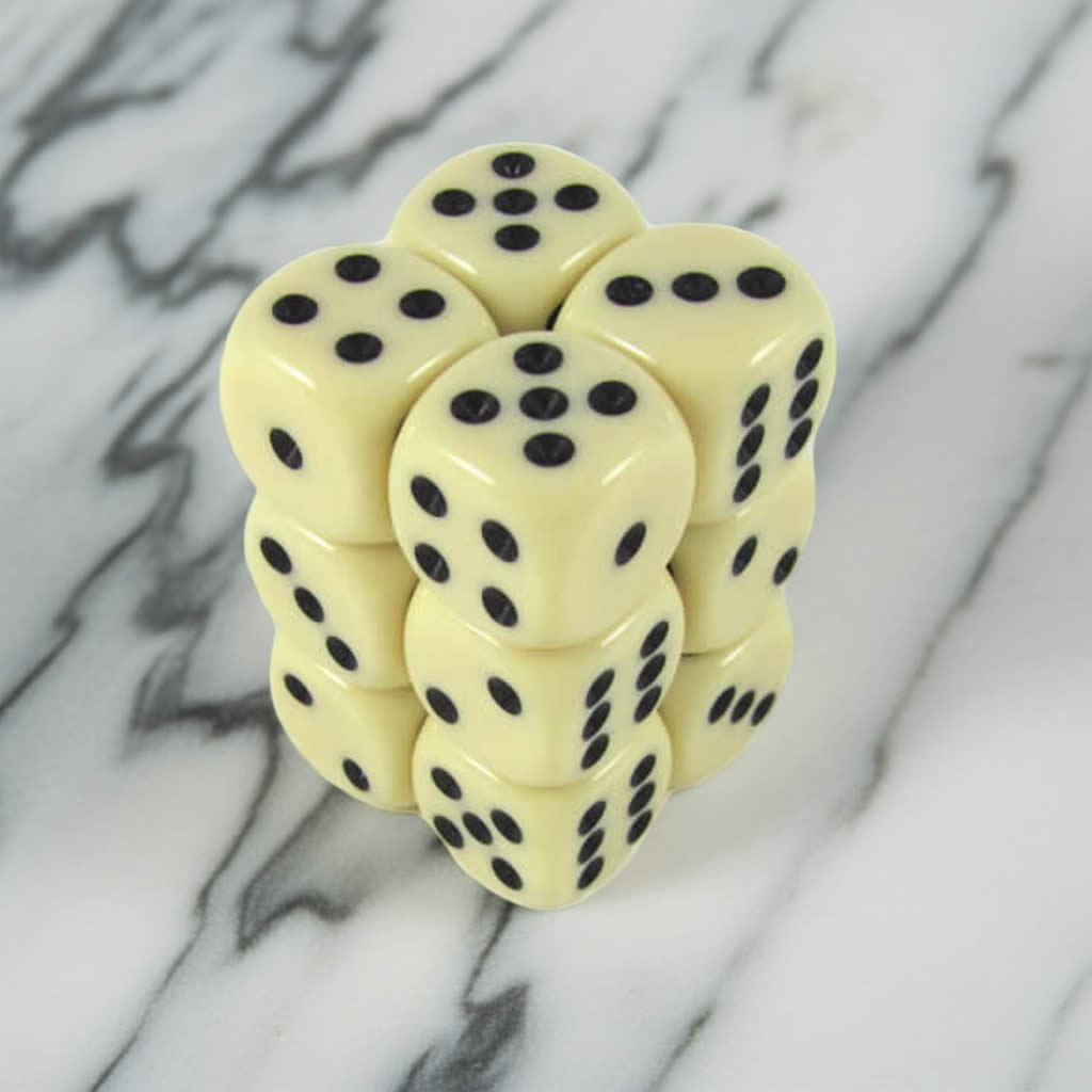 KOP08585 Ivory Color Opaque Deluxe Dice with Black Pips D6 16mm (5/8in) Pack of 12 Dice