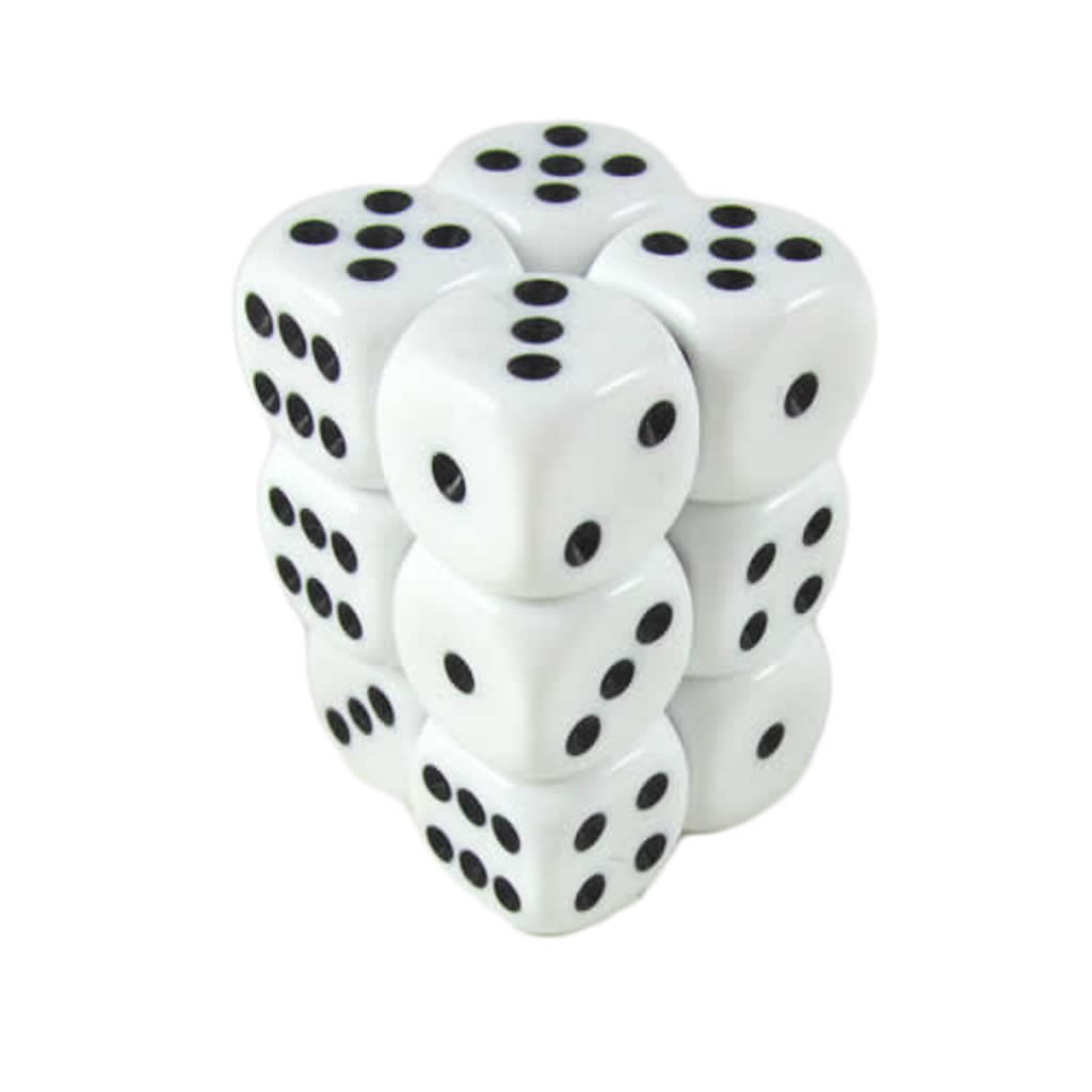KOP08589 White Opaque Deluxe Dice with Black Pips D6 16mm (5/8in) Pack of 12 Dice Koplow Games