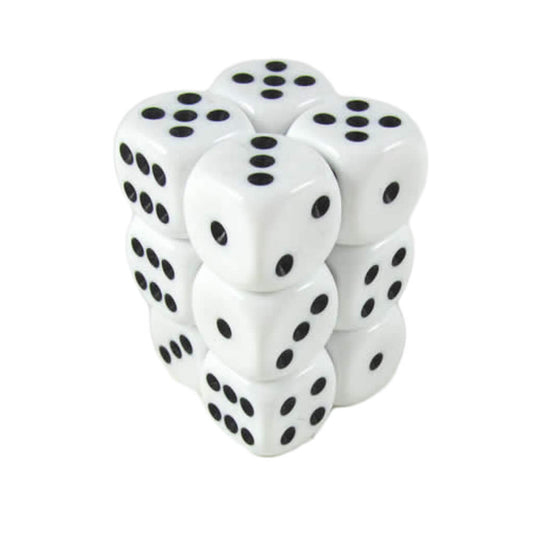KOP08589 White Opaque Deluxe Dice with Black Pips D6 16mm (5/8in) Pack of 12 Dice Koplow Games