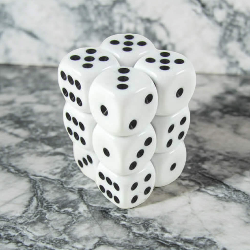 KOP08589 White Opaque Deluxe Dice with Black Pips D6 16mm (5/8in) Pack of 12 Dice Koplow Games
