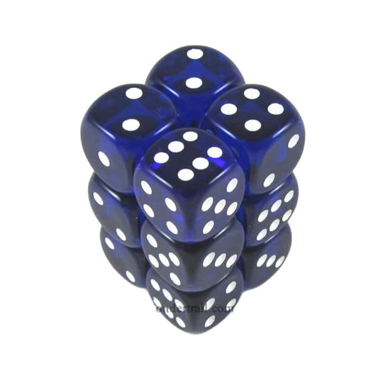 KOP08596 Blue Transparent Deluxe Dice with White Pips D6 16mm (5/8in) Pack of 12 Dice