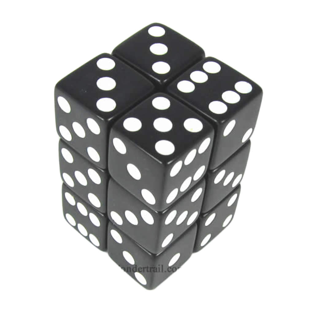 KOP08625 Black Opaque Dice with White Pips D6 16mm (5/8in) Pack of 12 Dice
