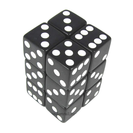 KOP08625 Black Opaque Dice with White Pips D6 16mm (5/8in) Pack of 12 Dice