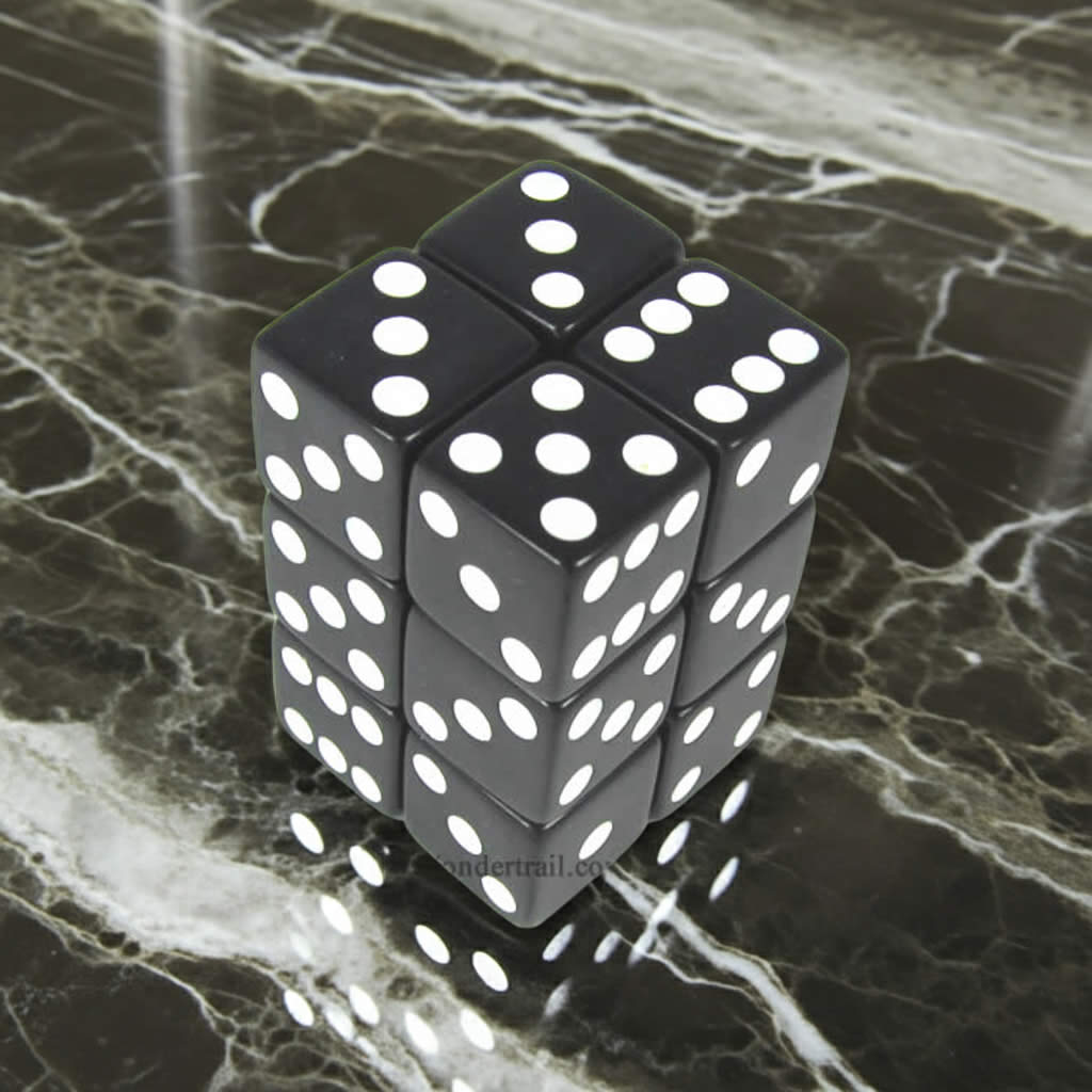 KOP08625 Black Opaque Dice with White Pips D6 16mm (5/8in) Pack of 12 Dice