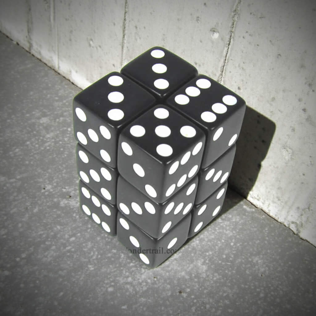 KOP08625 Black Opaque Dice with White Pips D6 16mm (5/8in) Pack of 12 Dice