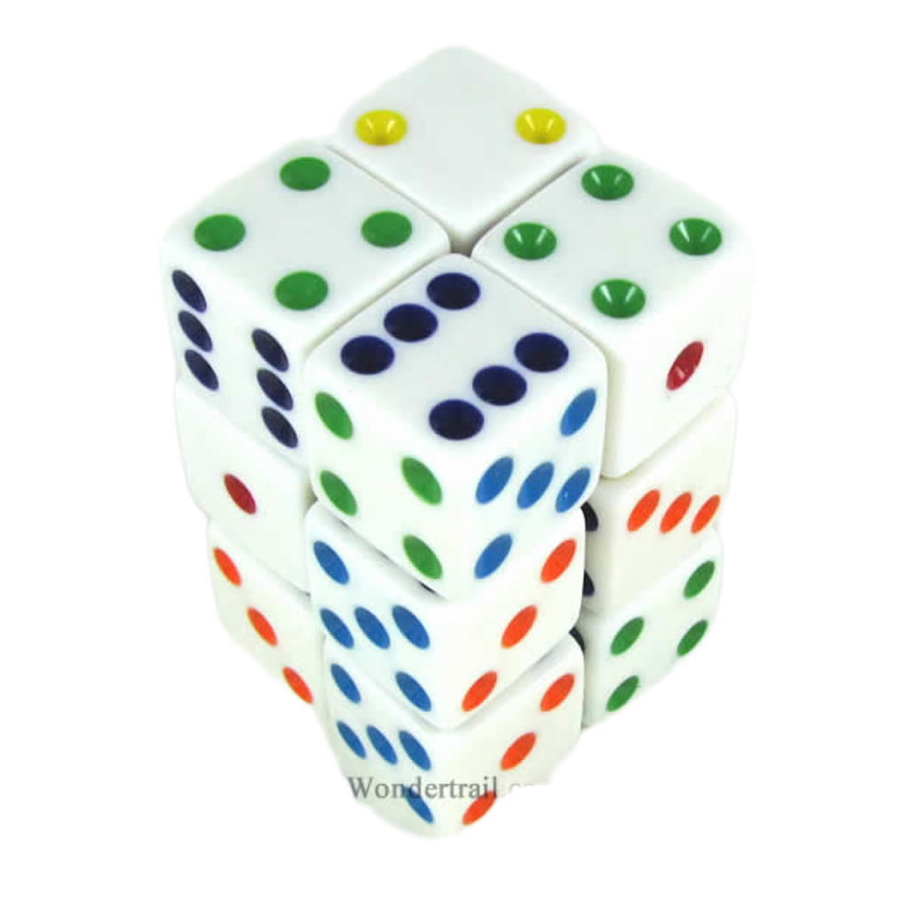 KOP08633 White Opaque Dice with Multi Color Pips D6 16mm (5/8in) Pack of 12 Dice Koplow Games