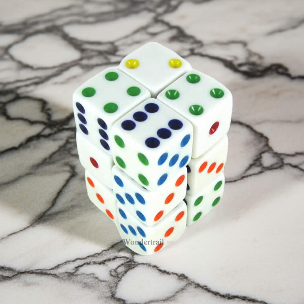 KOP08633 White Opaque Dice with Multi Color Pips D6 16mm (5/8in) Pack of 12 Dice Koplow Games