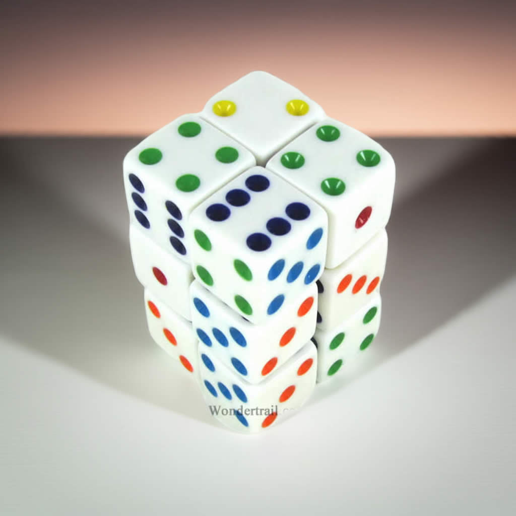 KOP08633 White Opaque Dice with Multi Color Pips D6 16mm (5/8in) Pack of 12 Dice Koplow Games