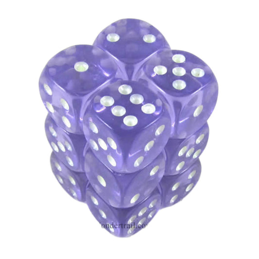 KOP08647 Purple Transparent Dice with Glow in the Dark Pips D6 16mm (5/8in) Pack of 12 Dice