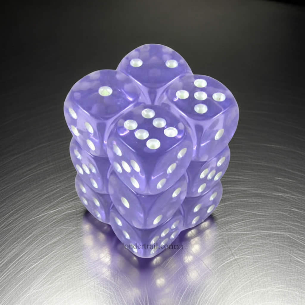 KOP08647 Purple Transparent Dice with Glow in the Dark Pips D6 16mm (5/8in) Pack of 12 Dice
