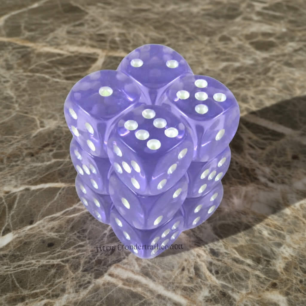KOP08647 Purple Transparent Dice with Glow in the Dark Pips D6 16mm (5/8in) Pack of 12 Dice