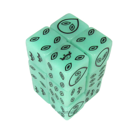 KOP08680 Green Alien Glow in Dark Dice Black Aliens D6 16mm Pack of 12