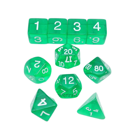 KOP09950 Green Transparent Dice with White Numbers 16mm (5/8in) Set of 10 Dice