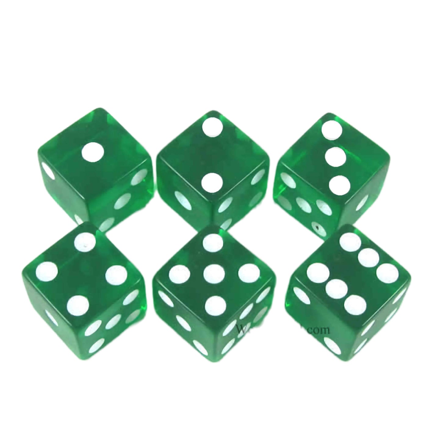 KOP10874 Green Transparent Dice with White Pips D6 16mm (5/8in) Pack of 6 Dice