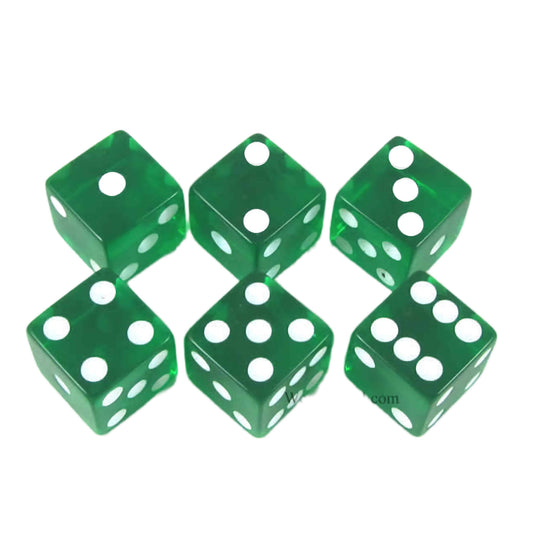 KOP10874 Green Transparent Dice with White Pips D6 16mm (5/8in) Pack of 6 Dice