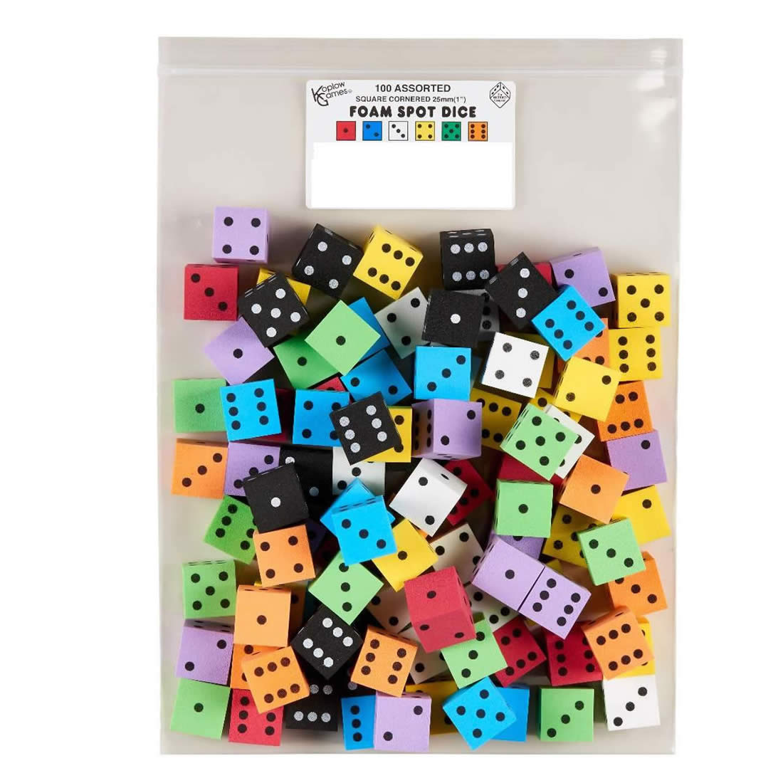 KOP10937 Assorted Opaque Foam Dice with Dots D6 25mm (1in) Bulk Pack of 100 Dice Koplow Games