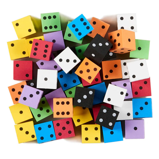 KOP10937 Assorted Opaque Foam Dice with Dots D6 25mm (1in) Bulk Pack of 100 Dice Koplow Games